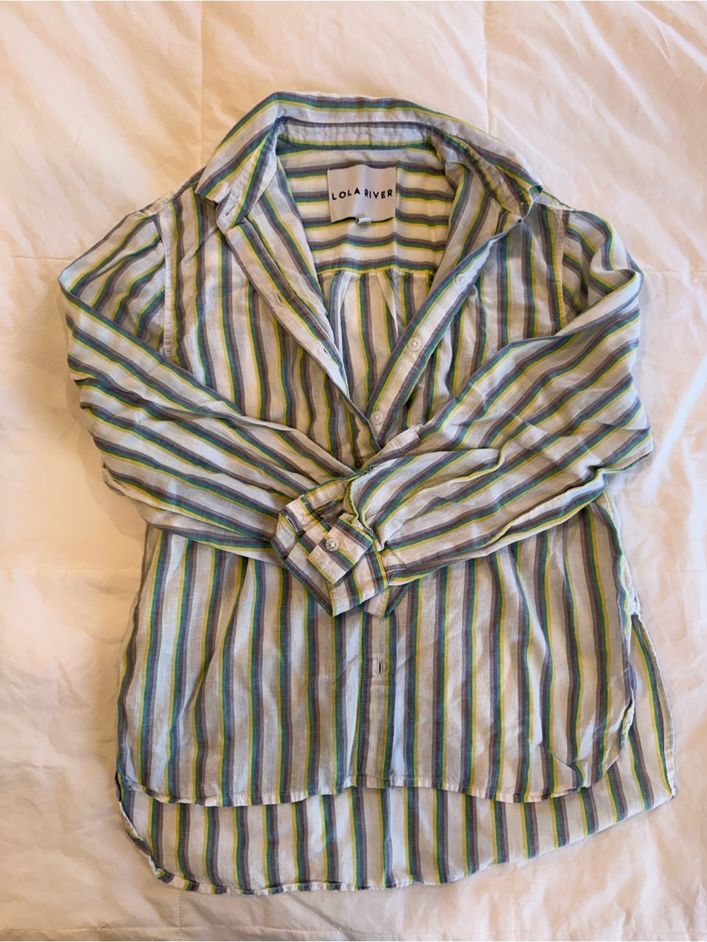 Lola River Women's Striped Button-Down Shirt in White and Green